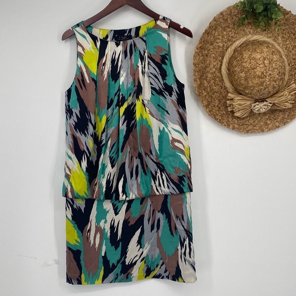 T-BAGS Los Angeles‎ Women's Silk Geometric Printed MIDI  Dress Multicolor Small